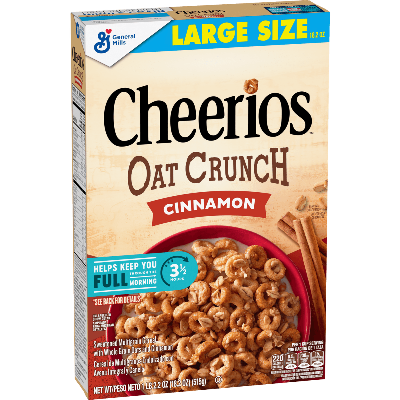 Cheerios Oat Crunch Cinnamon Breakfast Cereal, Made with Whole Grain, Large Size, 18.2 oz, front of package