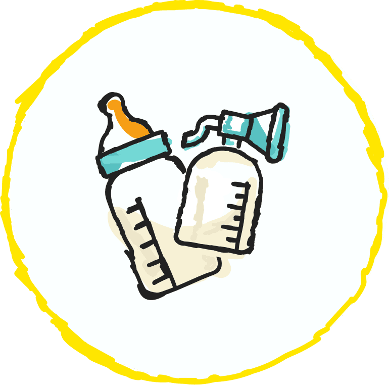 An illustration of a baby bottle and a breast pump inside a yellow circle.