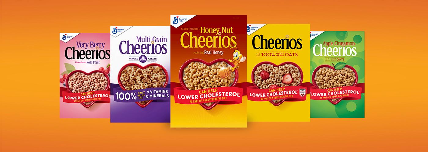 Group of Cheerios Product Portfolio cereals, Very Berry, Multi Grain, Honey Nut, Original Oats, and Apple Cinnamon.