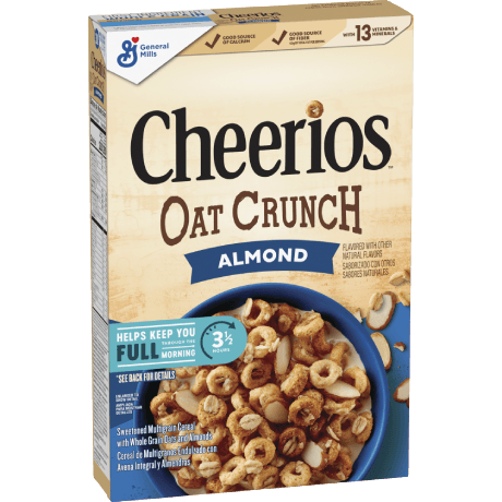 Cheerios Oat Crunch Almond cereal, frente del producto.