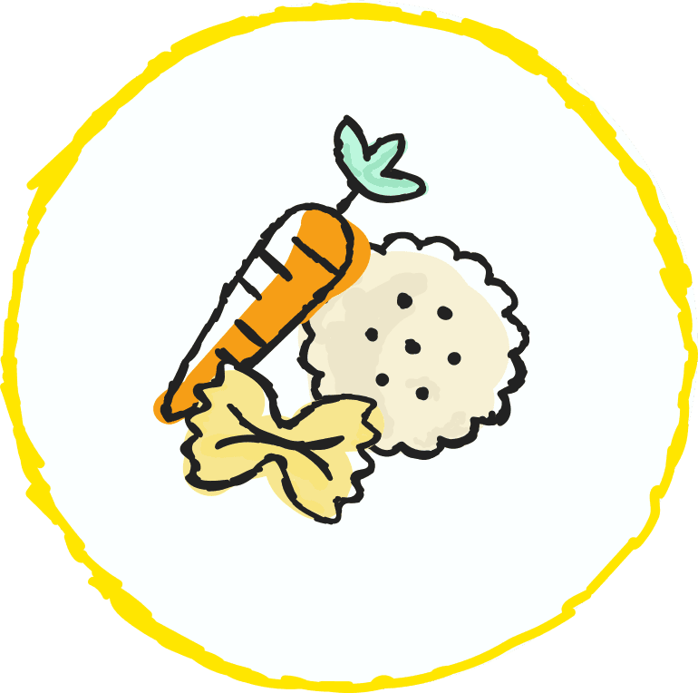 An illustration of a carrot, a round cracker, and a bow tie pasta inside a yellow circle.